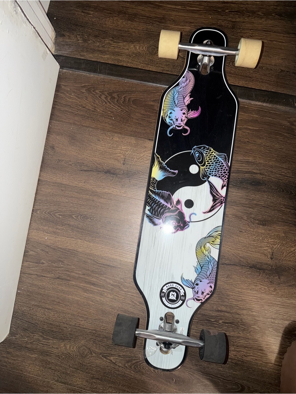 Longboard Art Print Deck with Multicolor Koi Design - Black & White